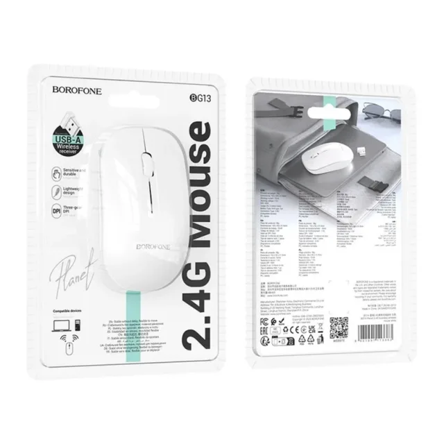 BOROFONE BG14 Planet 2.4G Wireless Mouse – 1000 DPI, USB Receiver White