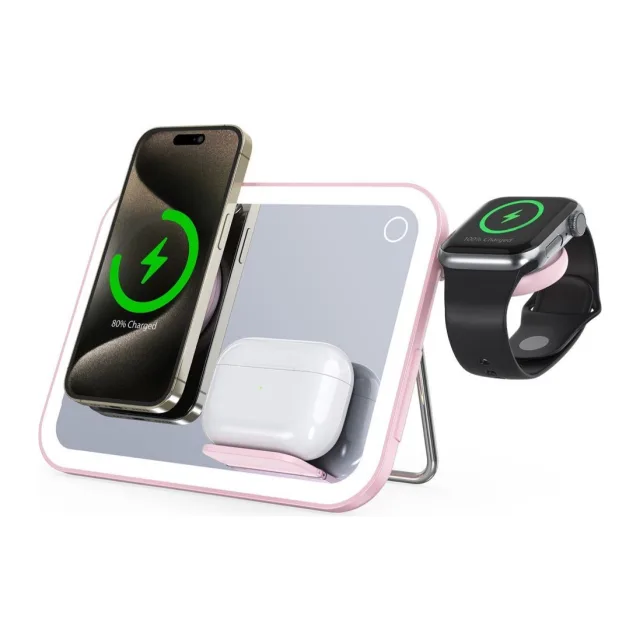 FORCELL F-ENERGY Mag Mirror 15W 3 in 1 wireless charger compatible with MagSafe / Apple Watch / Samsung Watch / Airpods pink